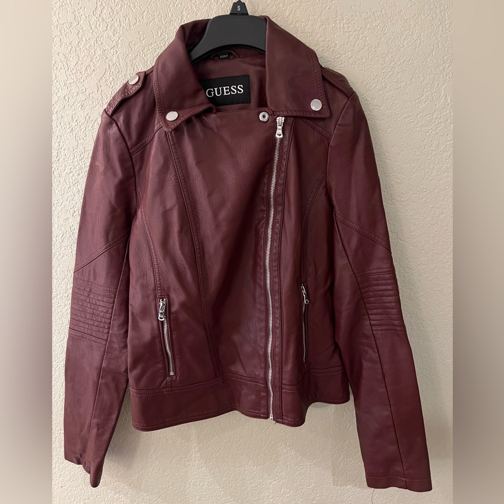 Guess S Faux Leather Maroon Moto Jacket